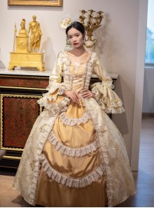 Champagne Golden Solemn Elegant Palace Style Stage Costume Lolita Princess Prom Dress Flower Hat Set