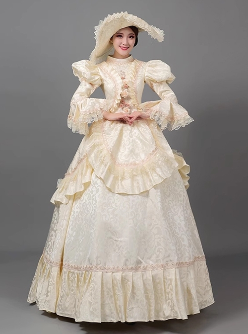 Cream Yellow Elegant Palace Style Stage Romeo Cinderella Costume Lolita Princess Prom Dress Hat Set