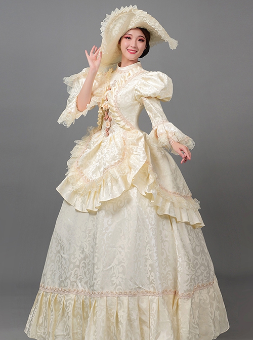 Cream Yellow Elegant Palace Style Stage Romeo Cinderella Costume Lolita Princess Prom Dress Hat Set