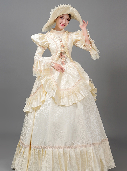 Cream Yellow Elegant Palace Style Stage Romeo Cinderella Costume Lolita Princess Prom Dress Hat Set