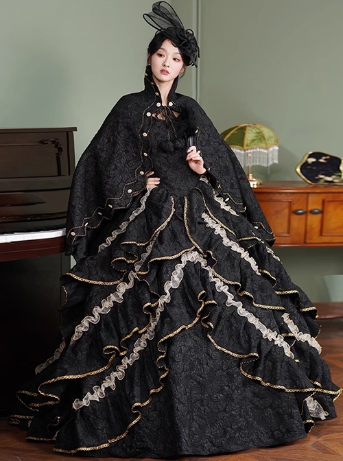 Black Elegant Noble European Style Queen Temperament Imperial Classic Lolita Prom Long Dress Hat Cloak Set