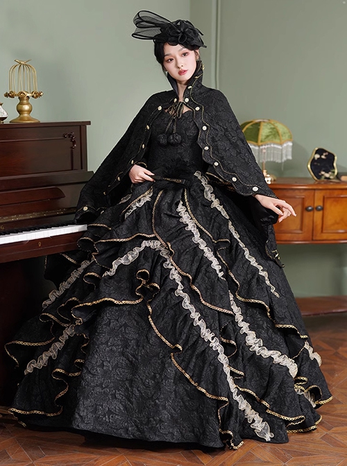 Black Elegant Noble European Style Queen Temperament Imperial Classic Lolita Prom Long Dress Hat Cloak Set