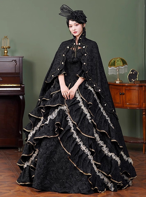 Black Elegant Noble European Style Queen Temperament Imperial Classic Lolita Prom Long Dress Hat Cloak Set