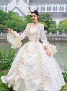 Champagne Floral Classic Lolita Prom European Medieval Retro Palace Princess Ball Dress Hat Set