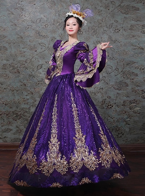 Gorgeous Glitter Sequins Slim Classic Lolita Prom European Medieval Retro Palace Princess Puff Sleeves Dress