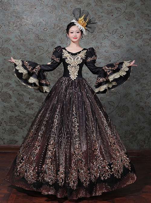 Gorgeous Glitter Sequins Slim Classic Lolita Prom European Medieval Retro Palace Princess Puff Sleeves Dress