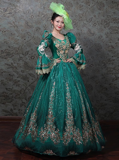 Gorgeous Glitter Sequins Slim Classic Lolita Prom European Medieval Retro Palace Princess Puff Sleeves Dress