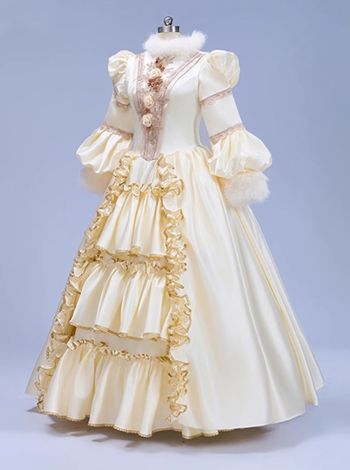 Beige Classic Lolita Prom European Medieval Retro Palace Princess Thickened Performance Costumes Ruffles Long Dress