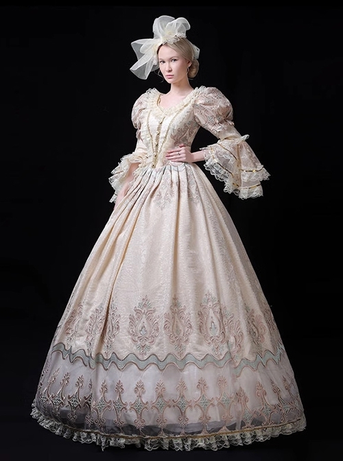 Champagne Elegant Classic European Medieval Palace Lolita Prom Performance Costumes Puff Sleeves Long Dress