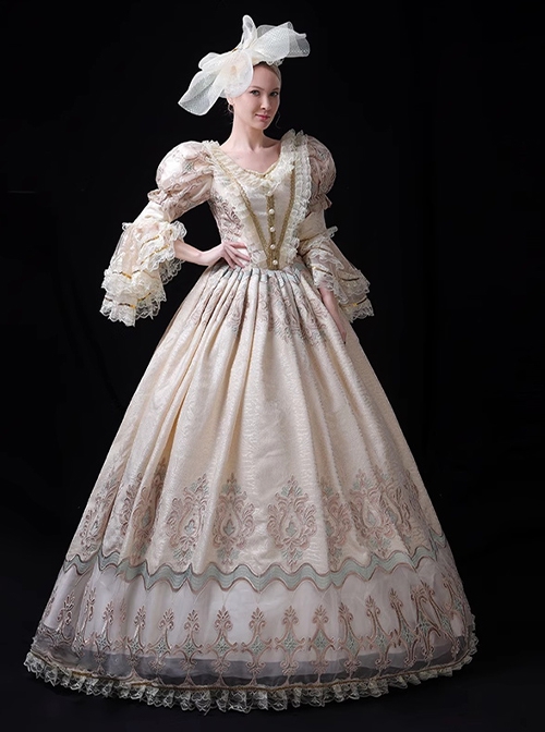 Champagne Elegant Classic European Medieval Palace Lolita Prom Performance Costumes Puff Sleeves Long Dress