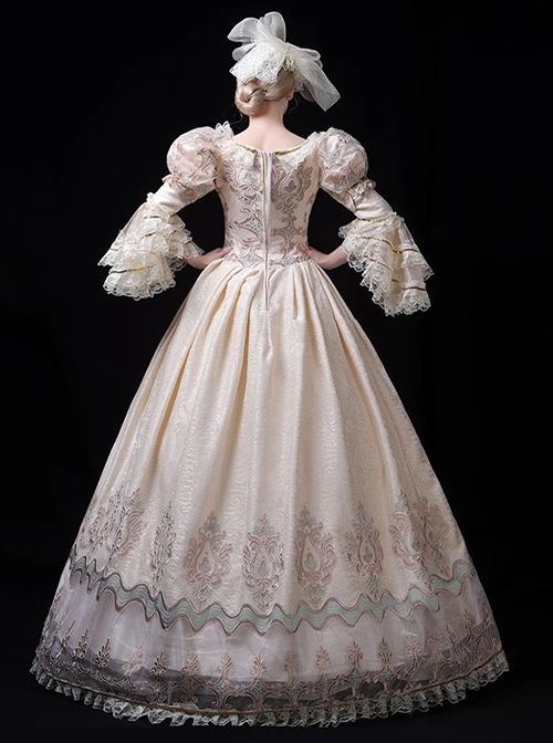 Champagne Elegant Classic European Medieval Palace Lolita Prom Performance Costumes Puff Sleeves Long Dress