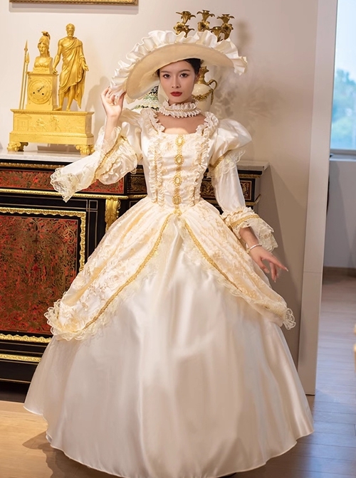 Champagne Elegant Princess Belle Classic European Palace Lolita Prom Performance Costumes Satin Long Dress