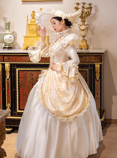 Champagne Elegant Princess Belle Classic European Palace Lolita Prom Performance Costumes Satin Long Dress