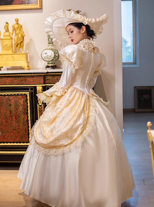 Champagne Elegant Princess Belle Classic European Palace Lolita Prom Performance Costumes Satin Long Dress