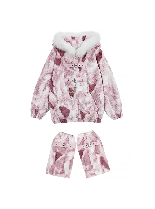 Snow Mountain Gradient Series Cat Embroidery Metal Chain Subculture Kawaii Fashion Plush Leg Covers Hooded Coat Set