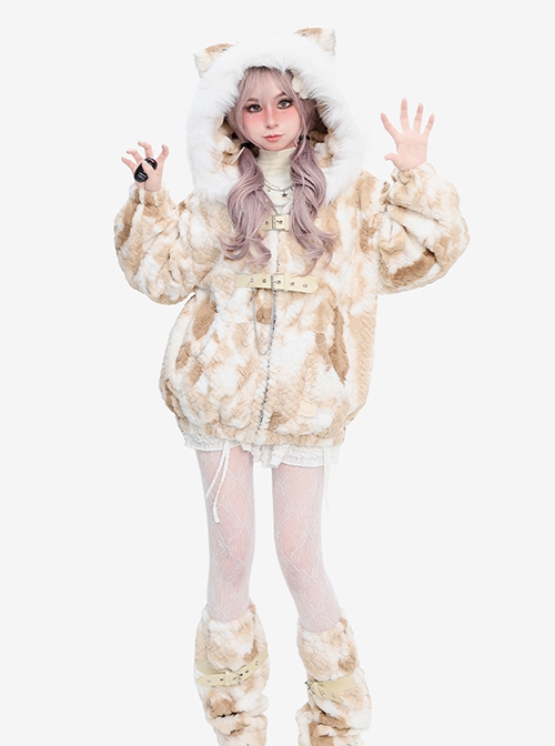 Snow Mountain Gradient Series Cat Embroidery Metal Chain Subculture Kawaii Fashion Plush Leg Covers Hooded Coat Set