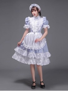 Traditional European Housekeeper Maid Servant Stage Performance Costume Lolita Prom Glossy Satin Dress