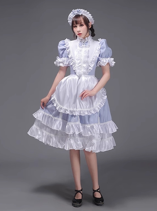 Traditional European Housekeeper Maid Servant Stage Performance Costume Lolita Prom Glossy Satin Dress