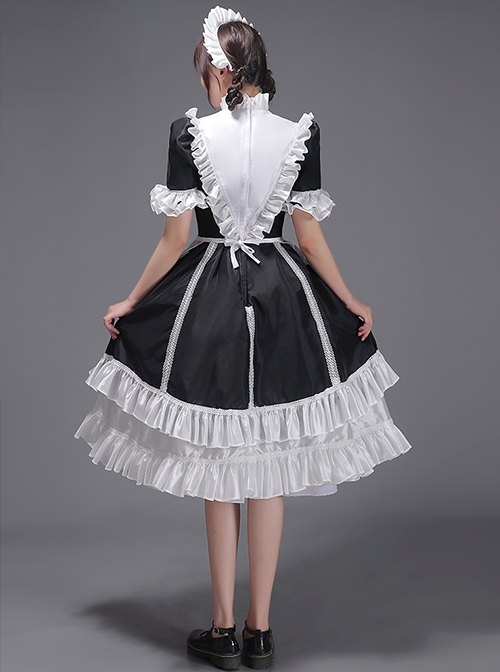 Traditional European Housekeeper Maid Servant Stage Performance Costume Lolita Prom Glossy Satin Dress