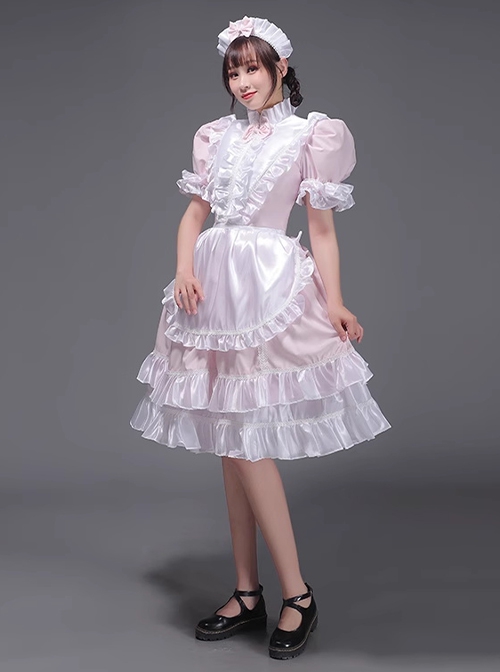 Traditional European Housekeeper Maid Servant Stage Performance Costume Lolita Prom Glossy Satin Dress