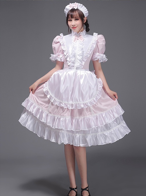 Traditional European Housekeeper Maid Servant Stage Performance Costume Lolita Prom Glossy Satin Dress