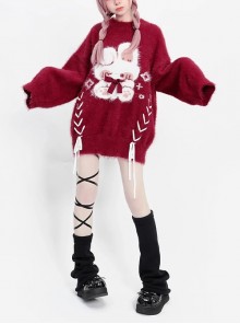 Lucky Rabbit Series Christmas New Year Style Cross Strap Design Kawaii Fashion Cute Red Winter Sweater