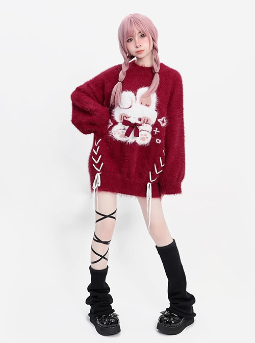 Lucky Rabbit Series Christmas New Year Style Cross Strap Design Kawaii Fashion Cute Red Winter Sweater