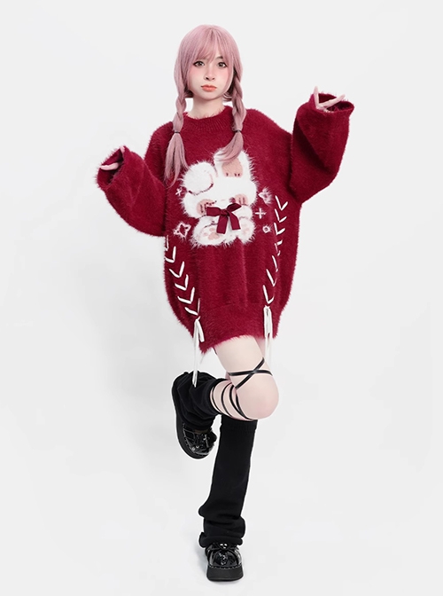 Lucky Rabbit Series Christmas New Year Style Cross Strap Design Kawaii Fashion Cute Red Winter Sweater