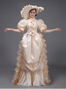 Satin Retro European Style Royal Tea Party Costume Dowager Lolita Prom Large Puff Sleeves Dress