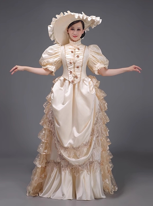 Satin Retro European Style Royal Tea Party Costume Dowager Lolita Prom Large Puff Sleeves Dress