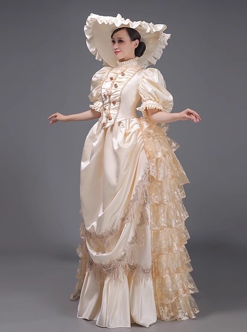 Satin Retro European Style Royal Tea Party Costume Dowager Lolita Prom Large Puff Sleeves Dress