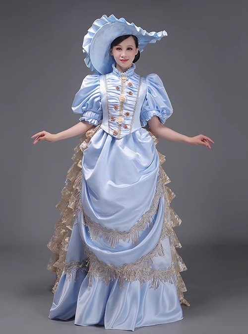 Satin Retro European Style Royal Tea Party Costume Dowager Lolita Prom Large Puff Sleeves Dress