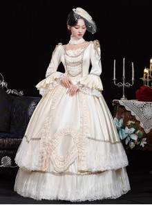 Elegant Champagne Satin Retro European Style Royal Tea Party Costume Crew Neck Lolita Prom Dress Mesh Hat Set