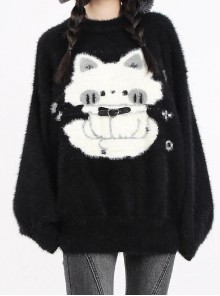 Night Cat Series Cute Cat Pattern Sweet Cool Leather Button Decoration Kawaii Fashion Black Sweater