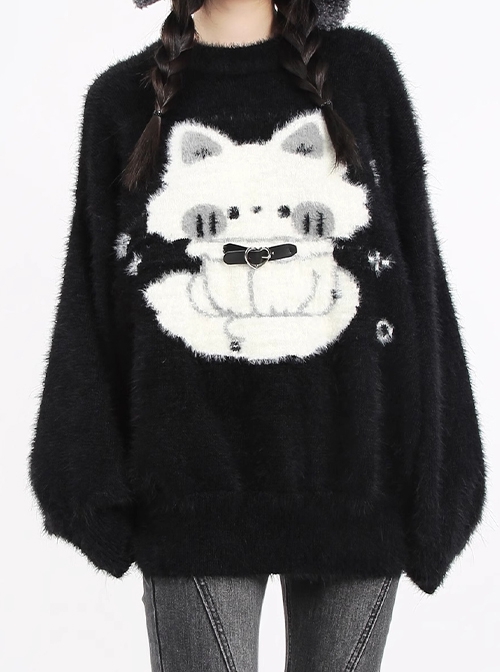 Night Cat Series Cute Cat Pattern Sweet Cool Leather Button Decoration Kawaii Fashion Black Sweater