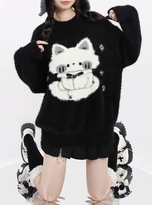 Night Cat Series Cute Cat Pattern Sweet Cool Leather Button Decoration Kawaii Fashion Black Sweater