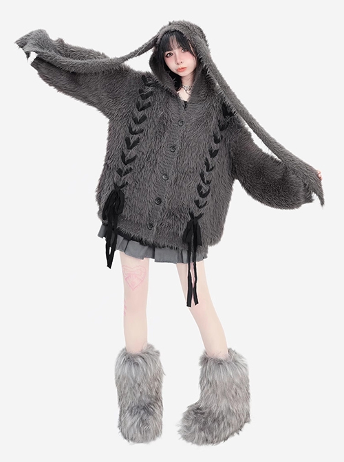 Angora Giant Rabbit Series Plush Faux Mink Cross Strap Design Kawaii Fashion Winter Gray Hooded Sweater