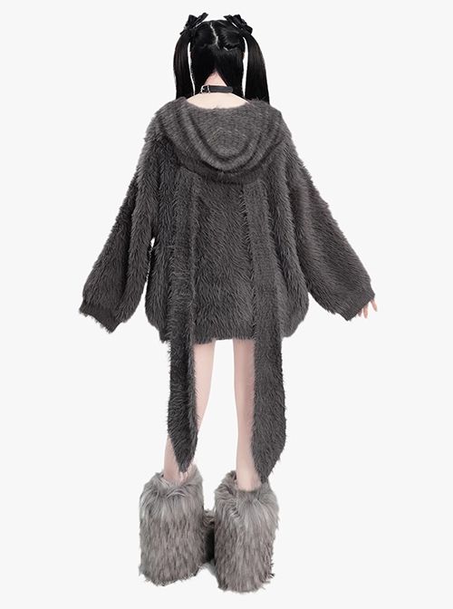 Angora Giant Rabbit Series Plush Faux Mink Cross Strap Design Kawaii Fashion Winter Gray Hooded Sweater