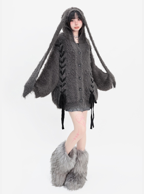 Angora Giant Rabbit Series Plush Faux Mink Cross Strap Design Kawaii Fashion Winter Gray Hooded Sweater