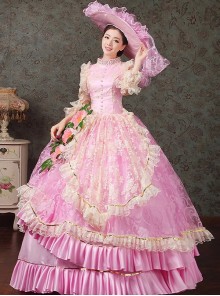 Pink Sweet Elegant Lace Mesh Yarn Lady Tea Party Dance European Palace Style Lolita Prom Long Dress