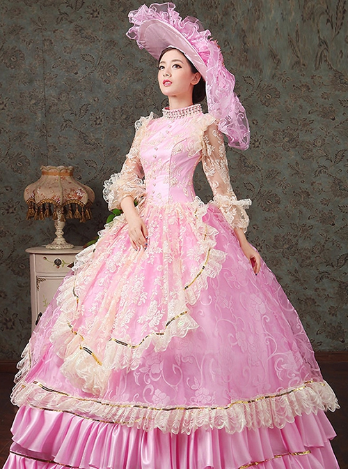 Pink Sweet Elegant Lace Mesh Yarn Lady Tea Party Dance European Palace Style Lolita Prom Long Dress