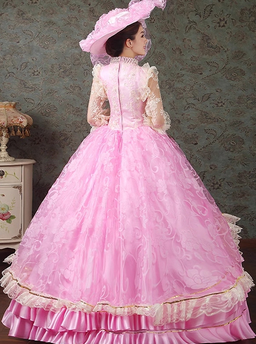 Pink Sweet Elegant Lace Mesh Yarn Lady Tea Party Dance European Palace Style Lolita Prom Long Dress