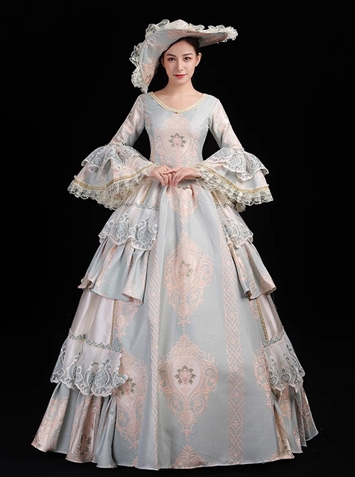 Light Blue Simple Elegant Lace Ruffles Victorian French Lady Tea Party Palace Lolita Prom Long Dance Dress