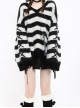 Magic Surge Series V Neck Loose Cross Strap Design Kawaii Fashion Plush Black Gray Striped Sweater