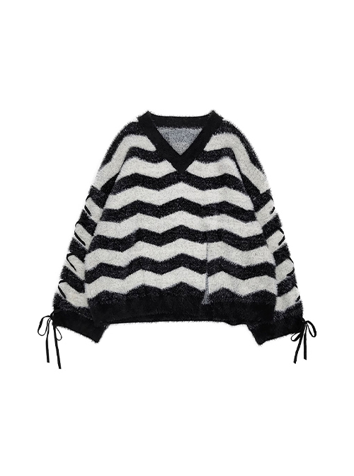 Magic Surge Series V Neck Loose Cross Strap Design Kawaii Fashion Plush Black Gray Striped Sweater