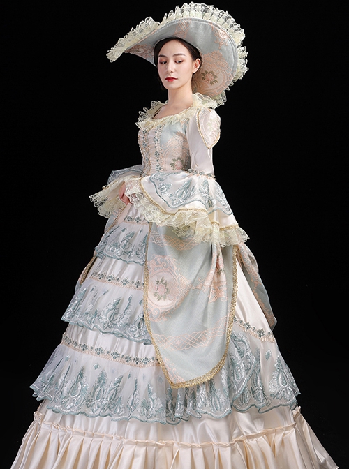 Champagne Light Blue Color Ruffles Gorgeous Victorian Elegant Lady Party Drama Performance Palace Lolita Prom Dress