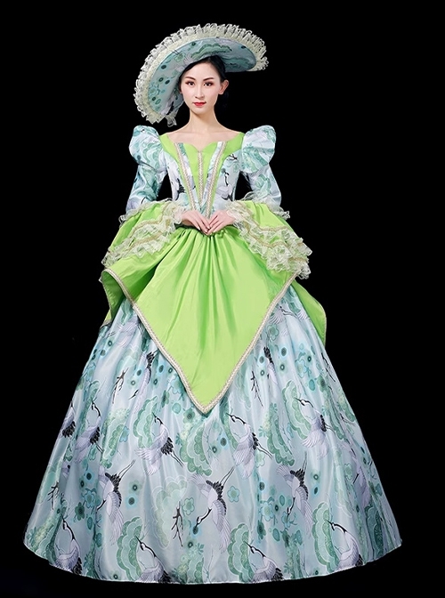 Demure Bright Green Satin White Crane Noble Long Sleeve High Waist Lace Classic Prom Lolita Dress