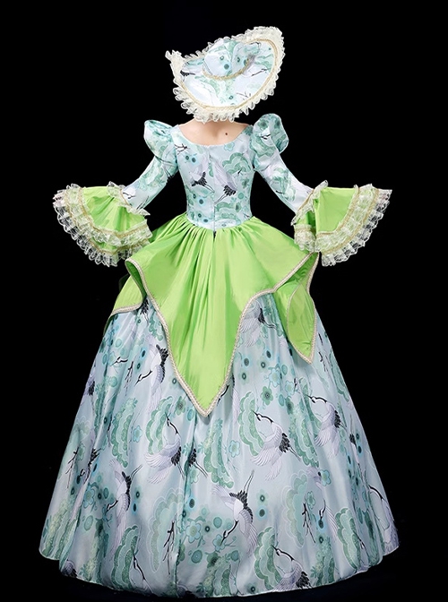 Demure Bright Green Satin White Crane Noble Long Sleeve High Waist Lace Classic Prom Lolita Dress