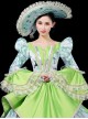 Demure Bright Green Satin White Crane Noble Long Sleeve High Waist Lace Classic Prom Lolita Dress