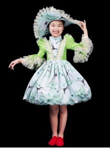 Demure Bright Green Satin White Crane Noble Long Sleeve High Waist Lace Classic Prom Lolita Child Dress